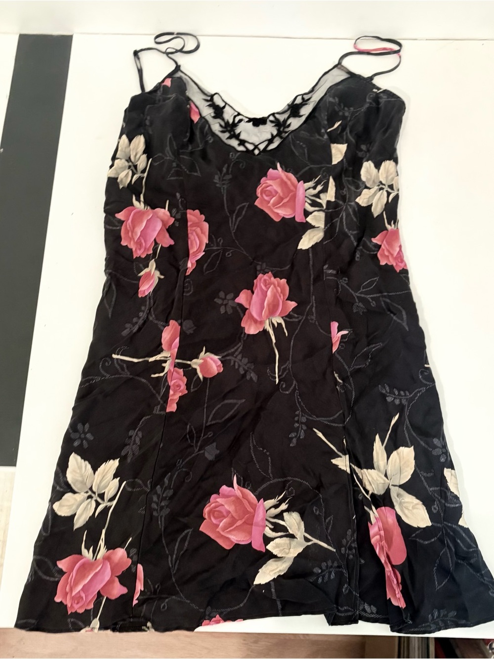 Vintage Victoria's Secret Black Silk Chemise with Red Roses & Black Lace